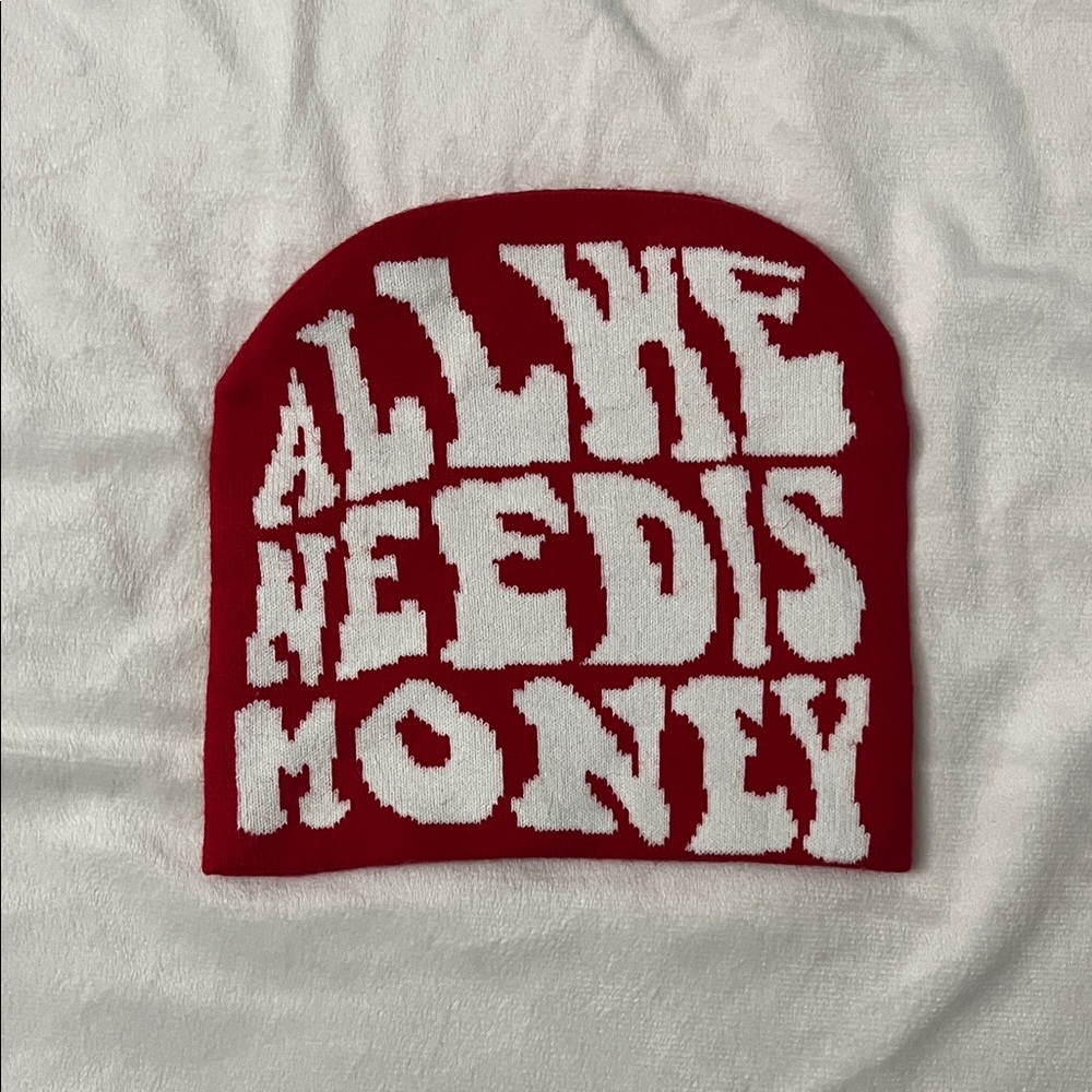 Red "All We Need Is Money" Knit Beanie